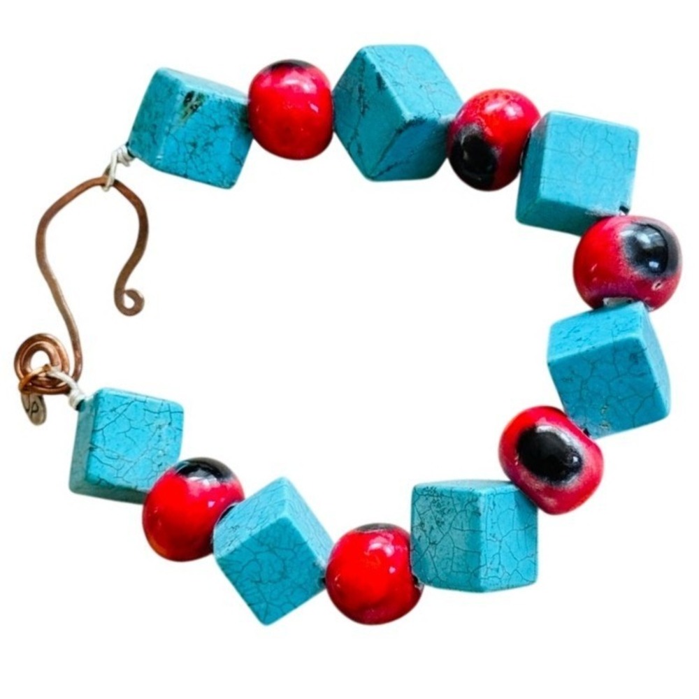 BOHO Beaded Bracelet cube beads Statement Ceramic glass Copper Artisan chunky